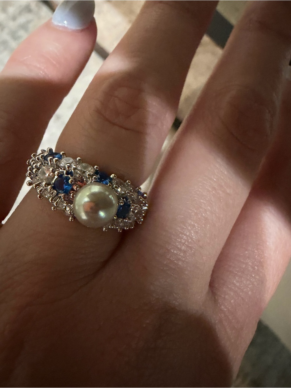 Saltwater Japanese Akoya Pearl 18k Platted W CZ & Sapphire Crystal Ring